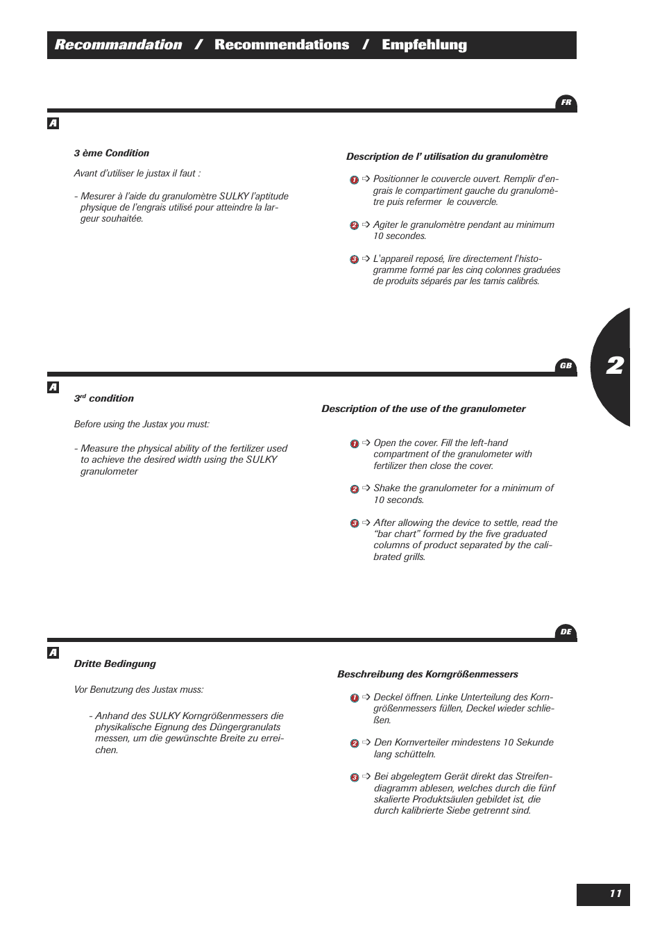 Recommandation / recommendations / empfehlung | Sulky Justax User Manual | Page 11 / 25
