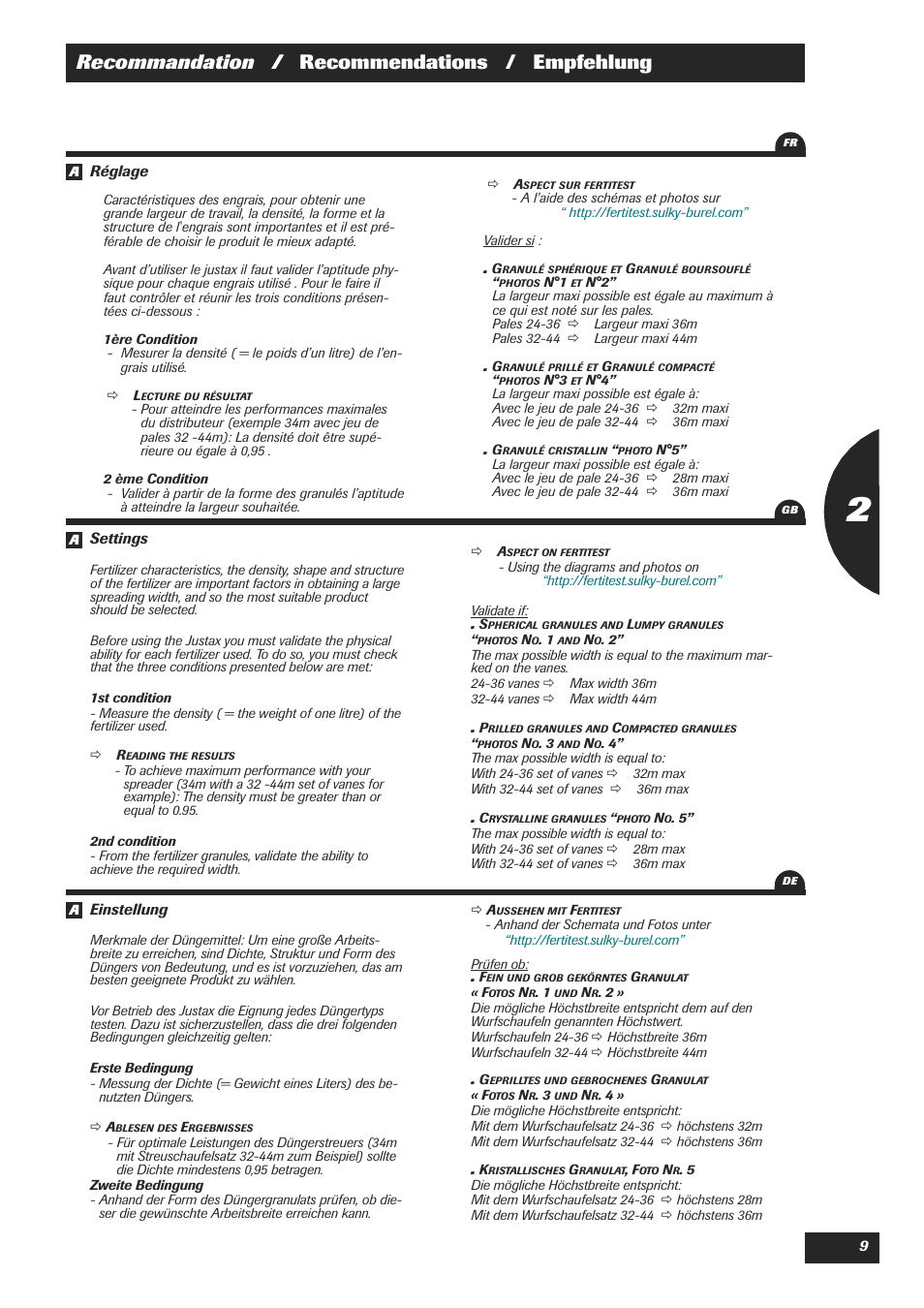 Recommandation / recommendations / empfehlung | Sulky Justax User Manual | Page 9 / 25