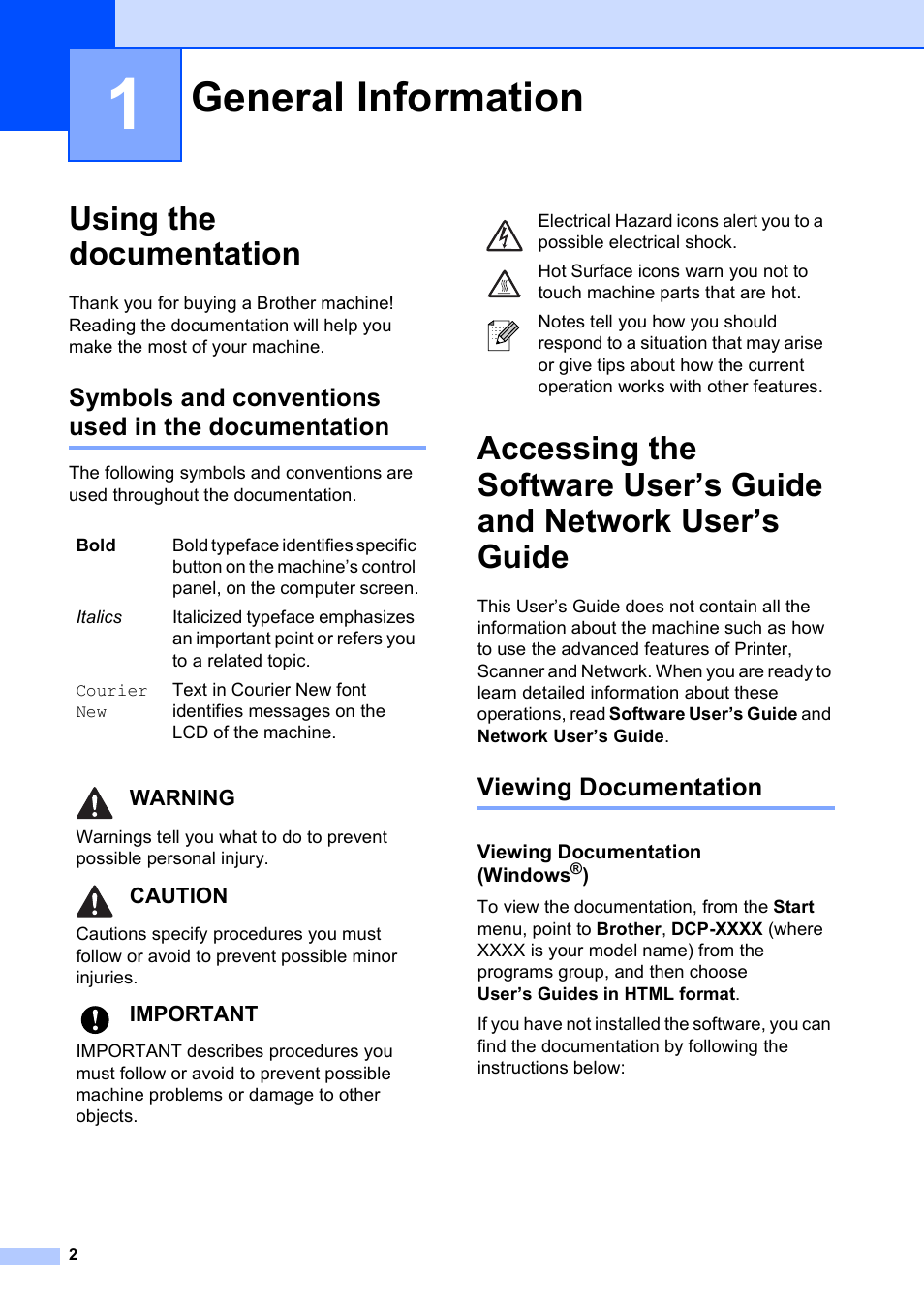 1 general information, Using the documentation, Symbols and conventions used in the documentation | Viewing documentation, Viewing documentation (windows®), General information, Warning, Caution, Important | Brother DCP-395CN User Manual | Page 10 / 130