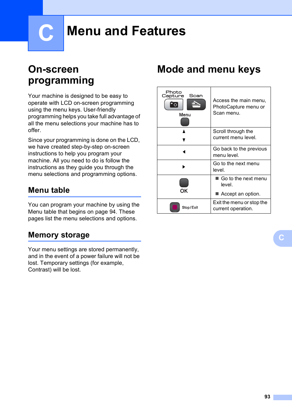 C menu and features, On-screen programming, Menu table | Memory storage, Mode and menu keys, Menu and features, Menu table memory storage | Brother DCP-395CN User Manual | Page 101 / 130