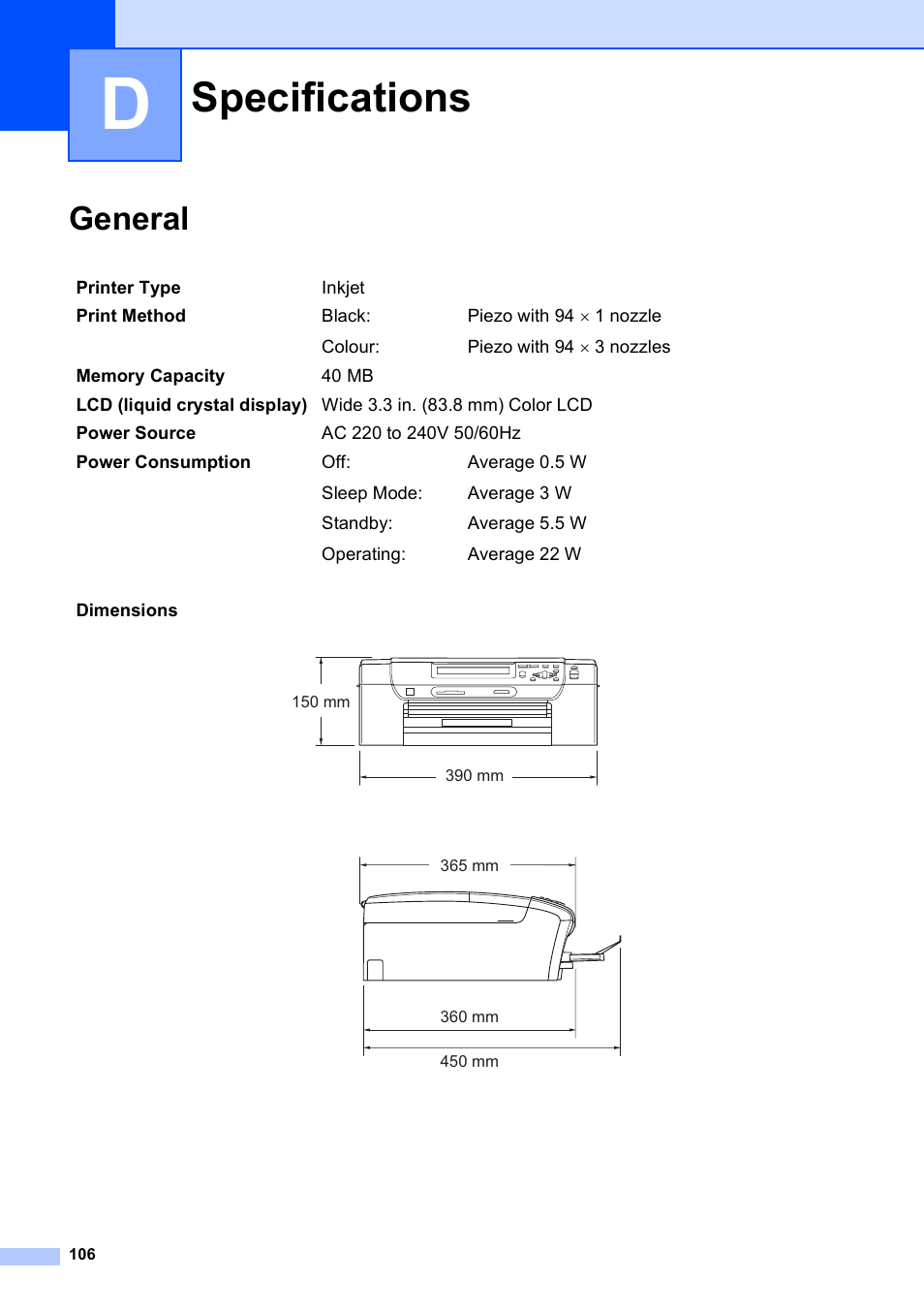 D specifications, General, Specifications | Brother DCP-395CN User Manual | Page 114 / 130