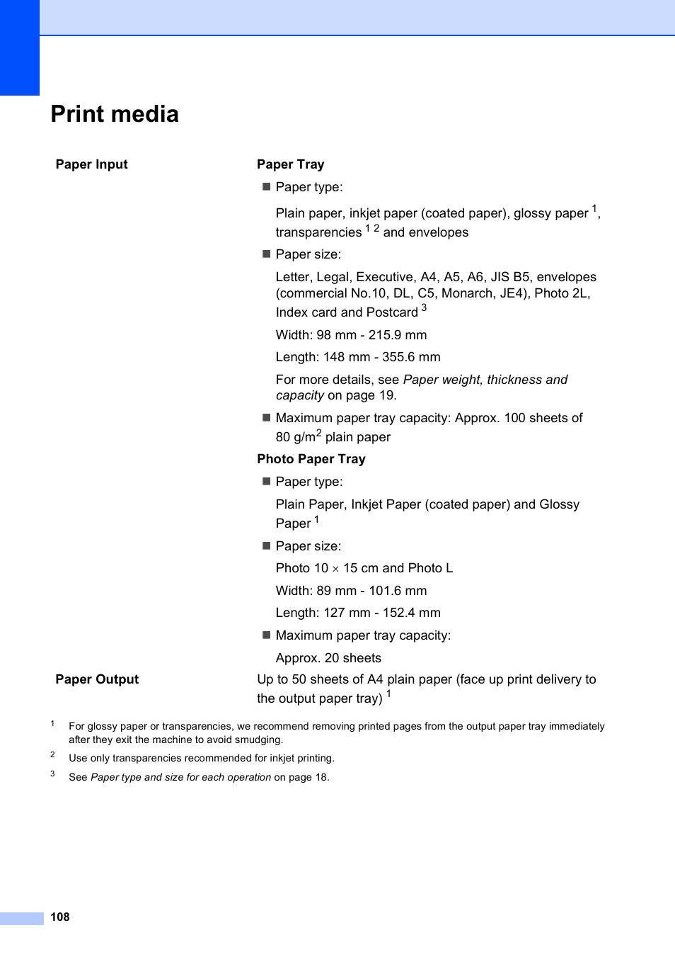 Print media | Brother DCP-395CN User Manual | Page 116 / 130