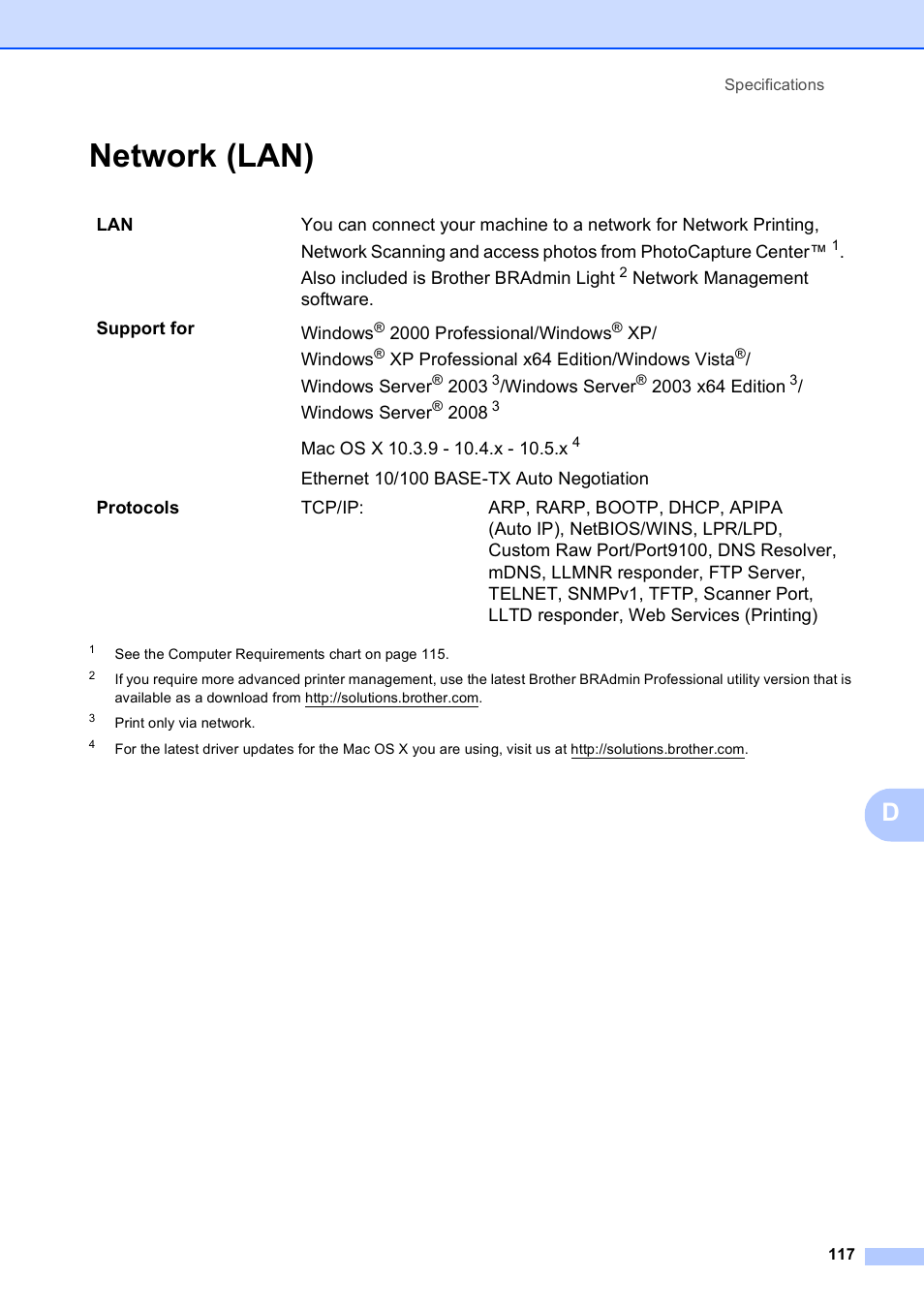 Network (lan) | Brother DCP-395CN User Manual | Page 125 / 130