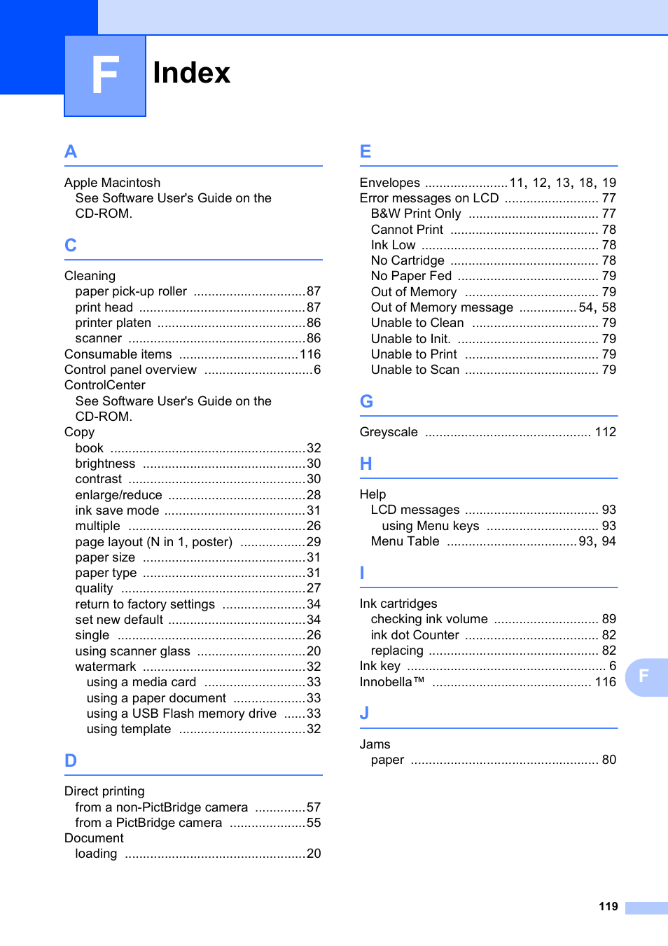 Index | Brother DCP-395CN User Manual | Page 127 / 130