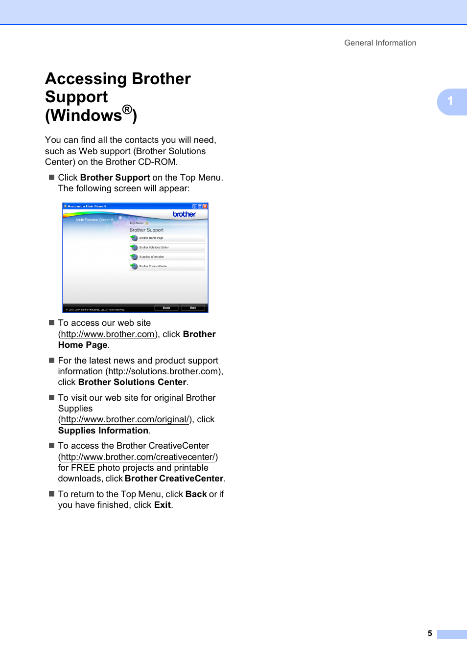 Accessing brother support (windows®), Accessing brother support (windows | Brother DCP-395CN User Manual | Page 13 / 130