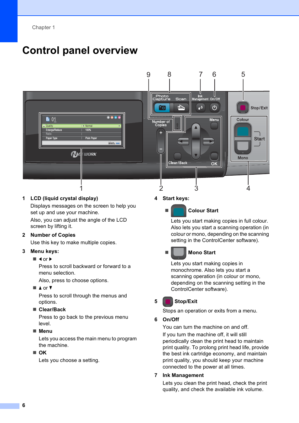 Control panel overview | Brother DCP-395CN User Manual | Page 14 / 130