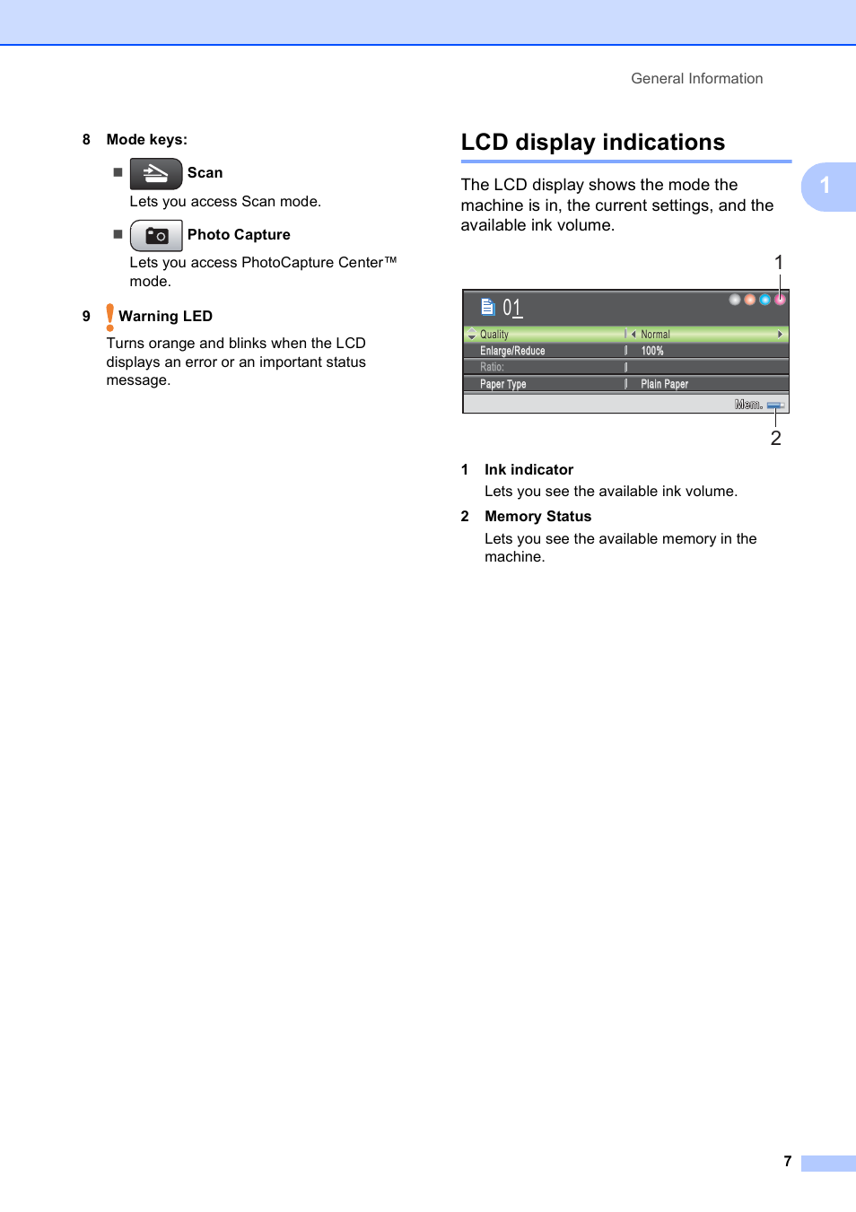 Lcd display indications | Brother DCP-395CN User Manual | Page 15 / 130