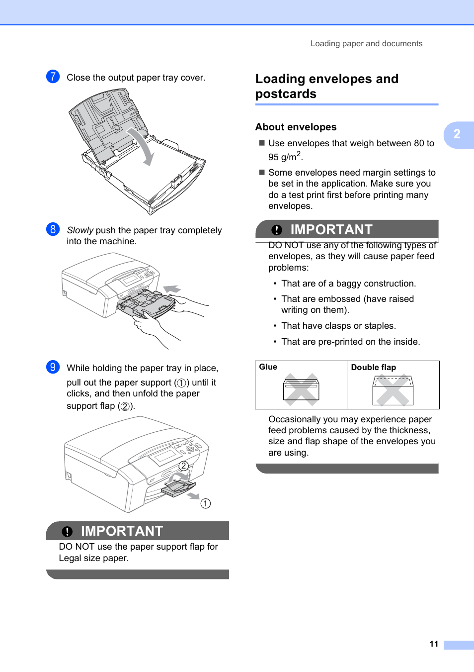 Loading envelopes and postcards, About envelopes, Important | Brother DCP-395CN User Manual | Page 19 / 130