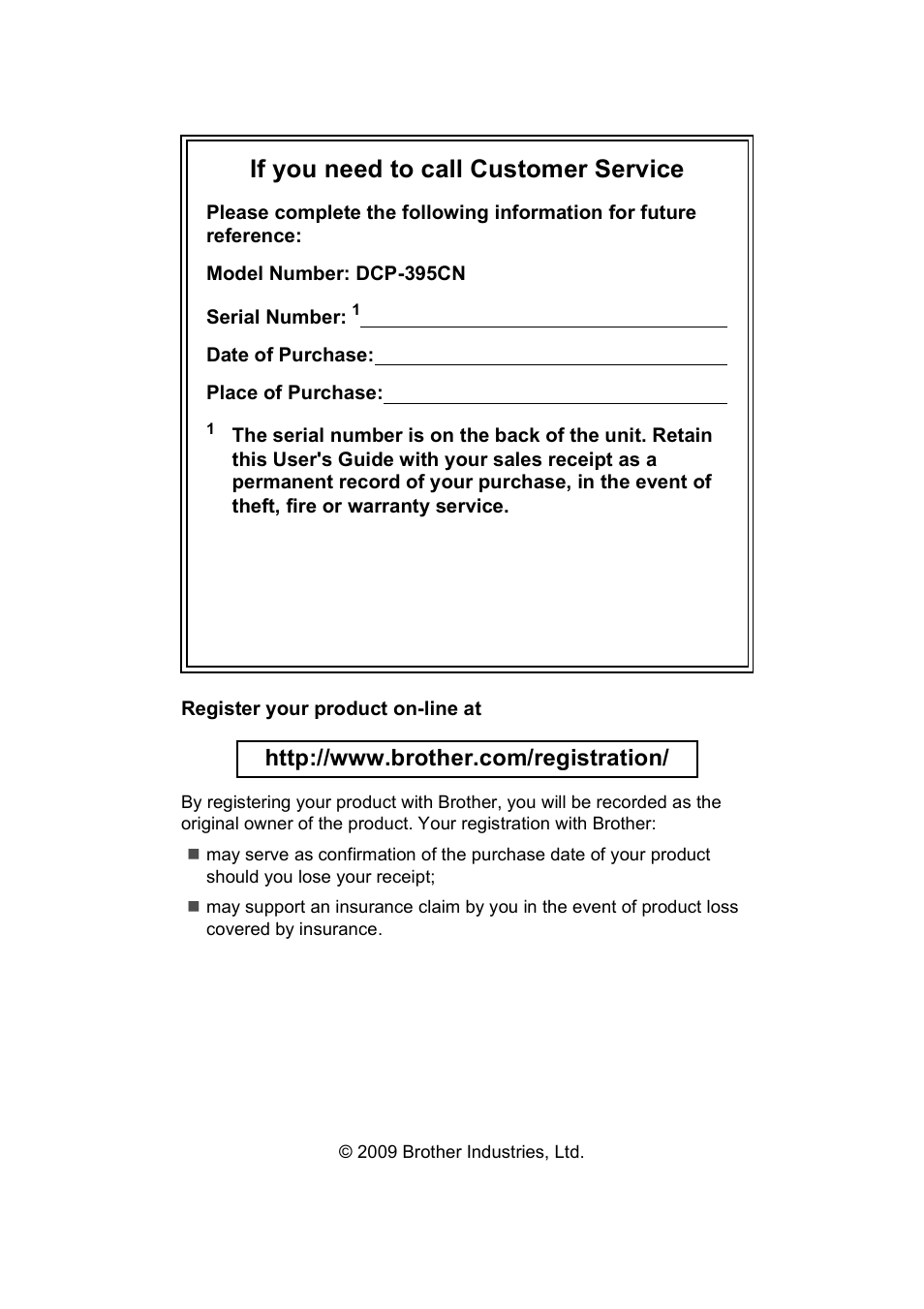 If you need to call customer service | Brother DCP-395CN User Manual | Page 2 / 130