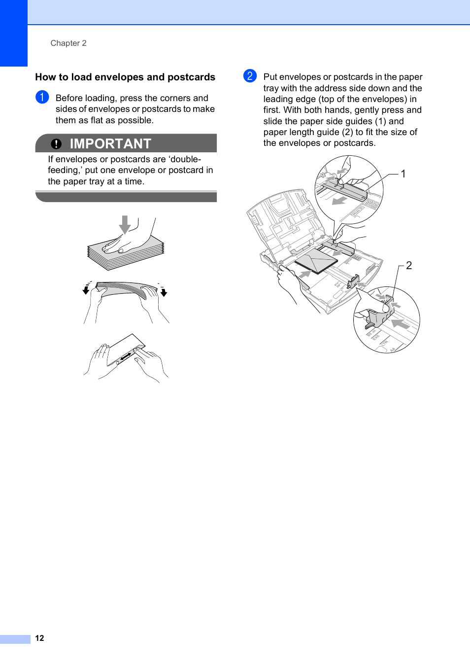 How to load envelopes and postcards, Important | Brother DCP-395CN User Manual | Page 20 / 130