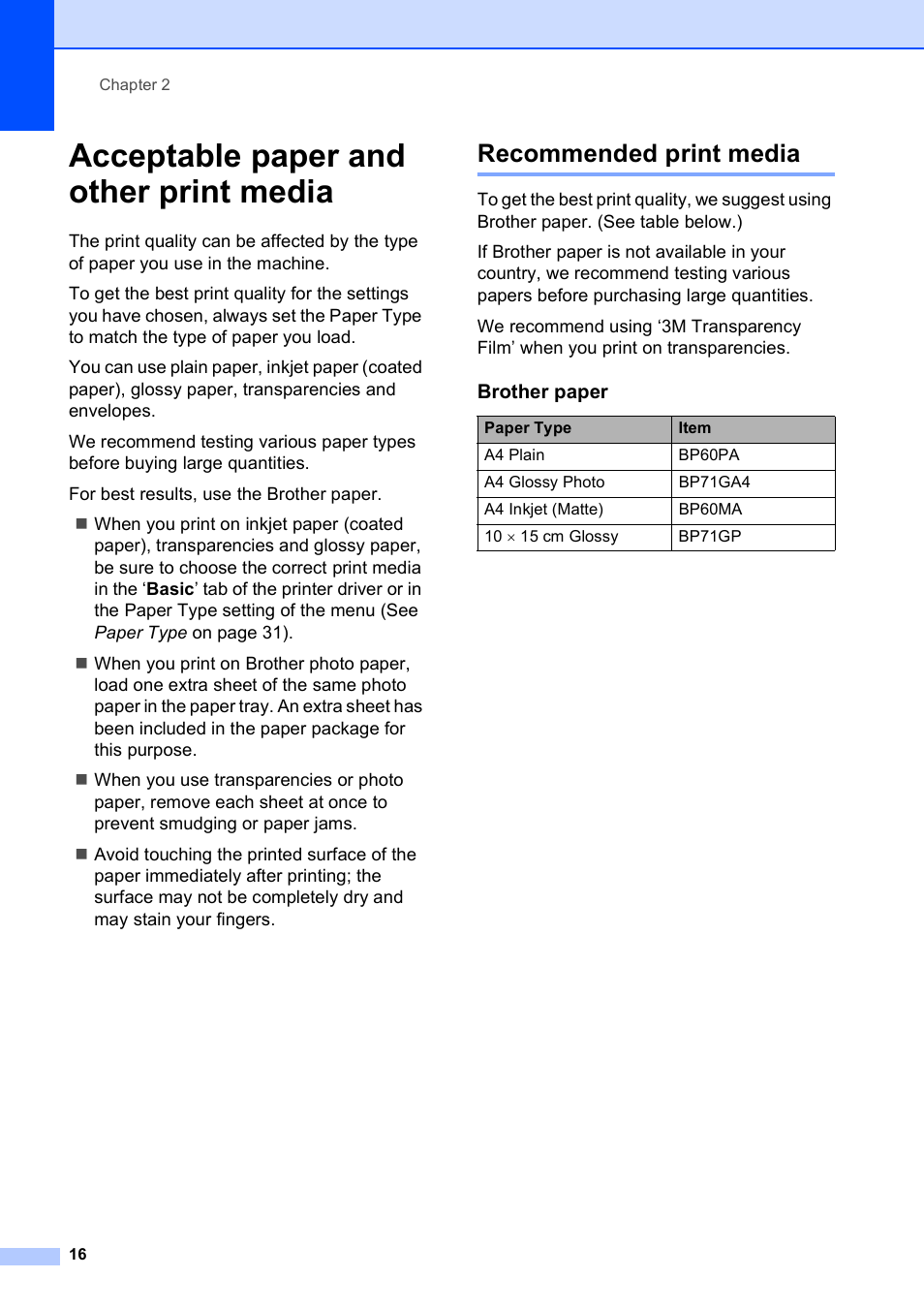 Acceptable paper and other print media, Recommended print media | Brother DCP-395CN User Manual | Page 24 / 130