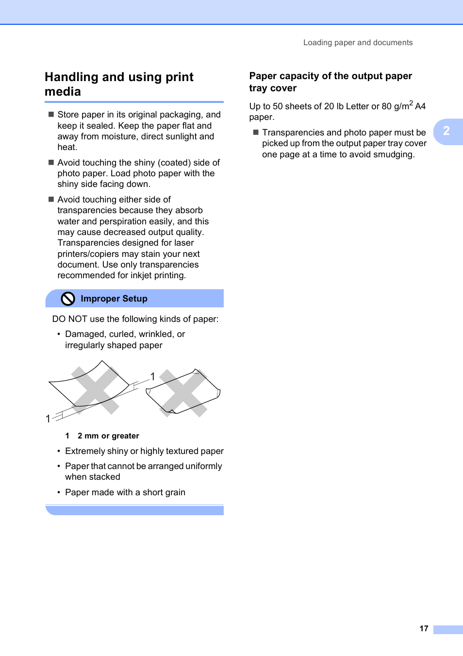 Handling and using print media, Paper capacity of the output paper tray cover, 2handling and using print media | Brother DCP-395CN User Manual | Page 25 / 130