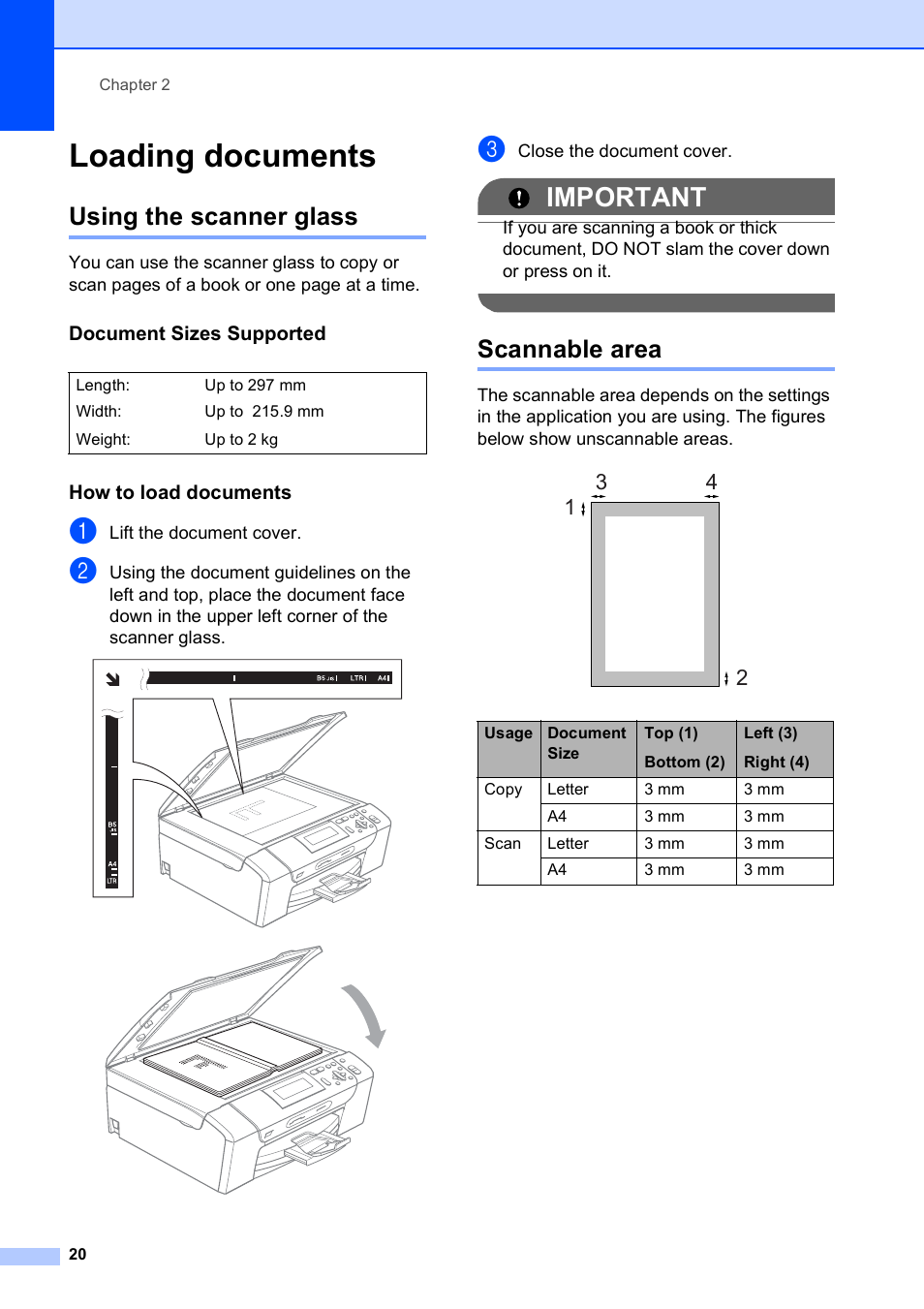 Loading documents, Using the scanner glass, Document sizes supported | How to load documents, Scannable area, Using the scanner glass scannable area, Important | Brother DCP-395CN User Manual | Page 28 / 130