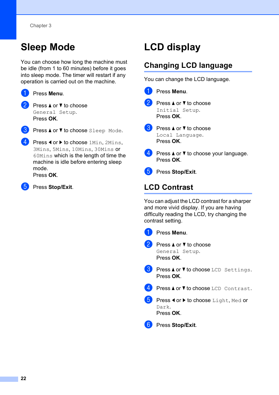 Sleep mode, Lcd display, Changing lcd language | Lcd contrast, Sleep mode lcd display, Changing lcd language lcd contrast | Brother DCP-395CN User Manual | Page 30 / 130