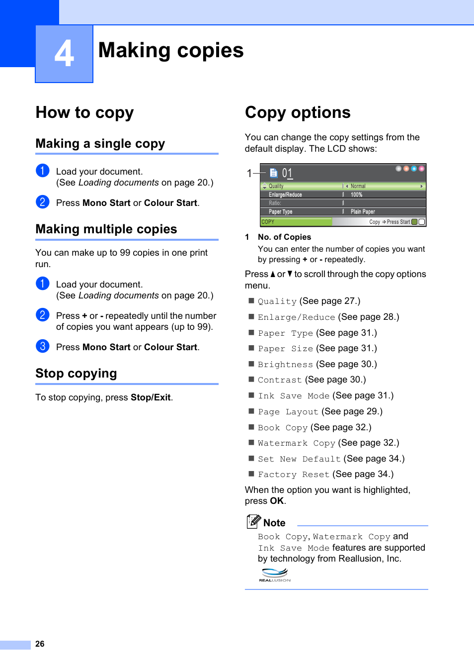 4 making copies, How to copy, Making a single copy | Making multiple copies, Stop copying, Copy options, Making copies | Brother DCP-395CN User Manual | Page 34 / 130