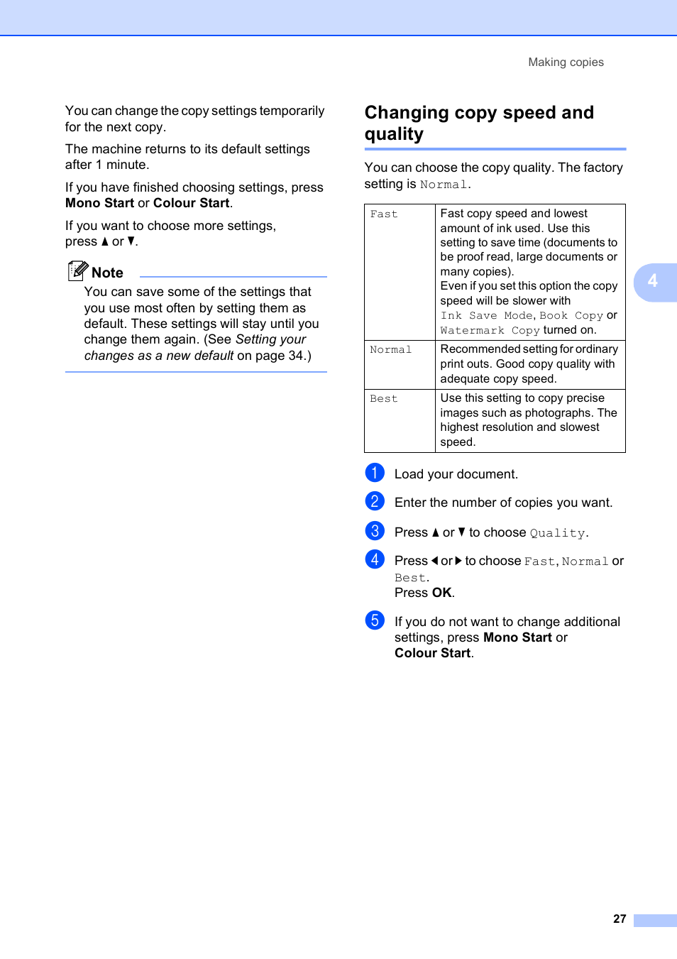 Changing copy speed and quality | Brother DCP-395CN User Manual | Page 35 / 130