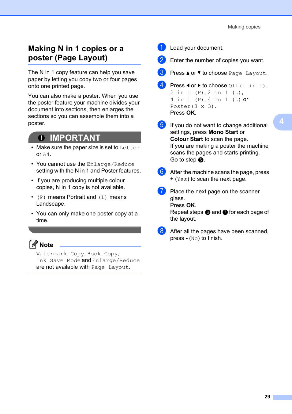 Important, 4making n in 1 copies or a poster (page layout) | Brother DCP-395CN User Manual | Page 37 / 130