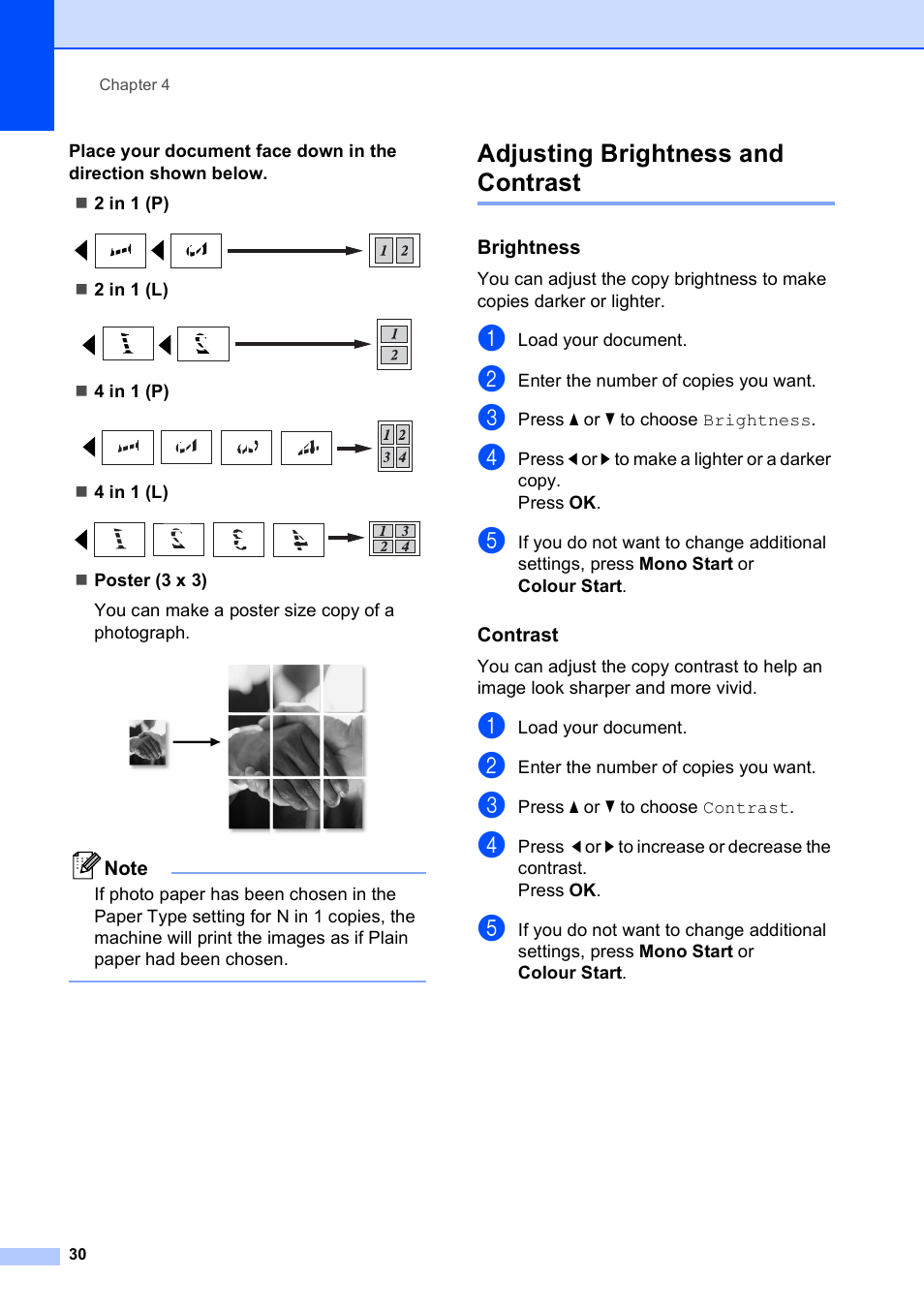 Adjusting brightness and contrast, Brightness, Contrast | Brother DCP-395CN User Manual | Page 38 / 130