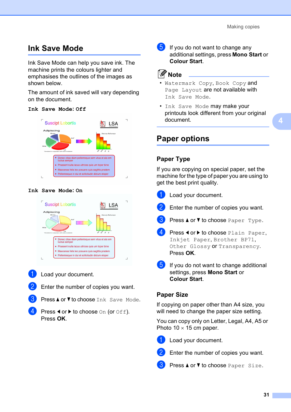 Ink save mode, Paper options, Paper type | Paper size, Ink save mode paper options, 4ink save mode | Brother DCP-395CN User Manual | Page 39 / 130