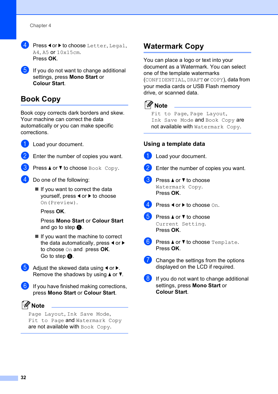 Book copy, Watermark copy, Using a template data | Book copy watermark copy | Brother DCP-395CN User Manual | Page 40 / 130