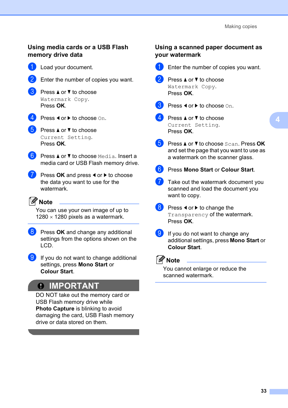 Using media cards or a usb flash memory drive data, Using a scanned paper document as your watermark, Important | Brother DCP-395CN User Manual | Page 41 / 130