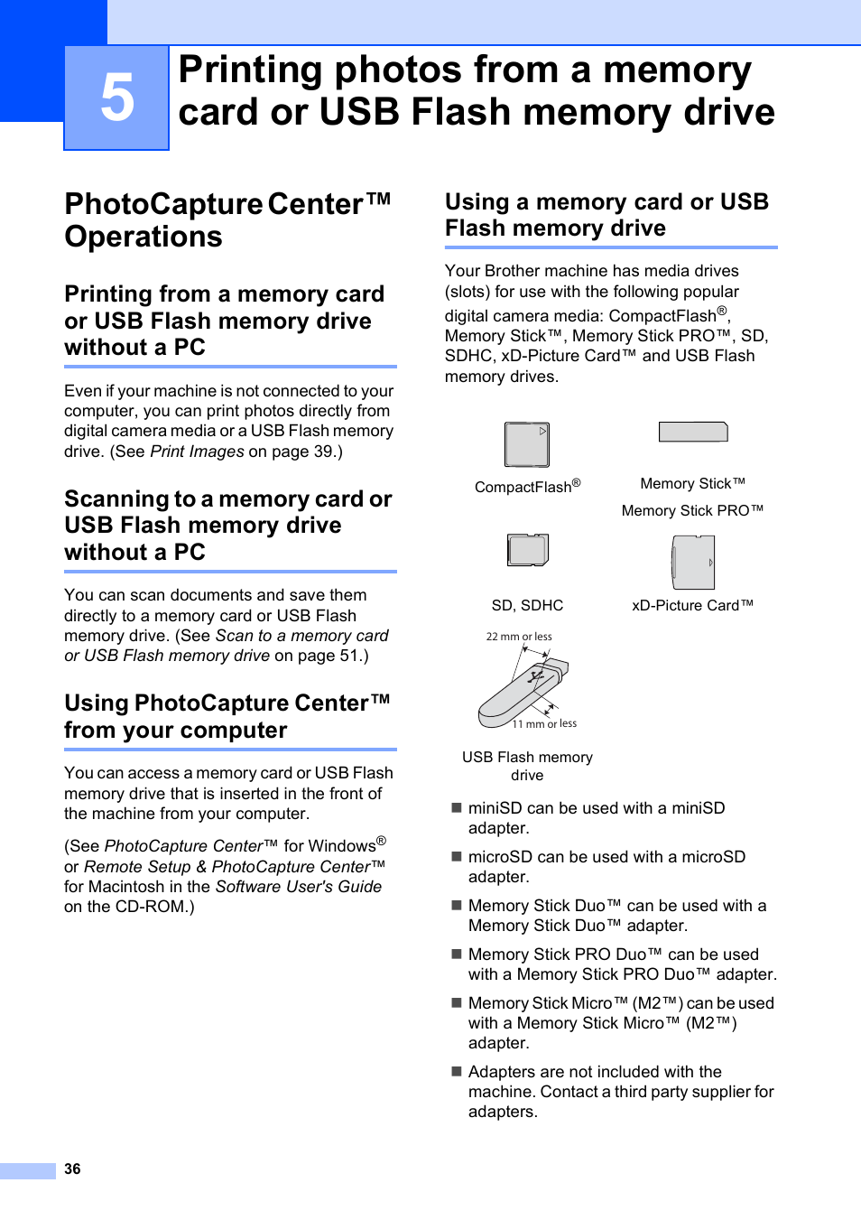 Photocapture center™ operations, Using photocapture center™ from your computer, Using a memory card or usb flash memory drive | Brother DCP-395CN User Manual | Page 44 / 130