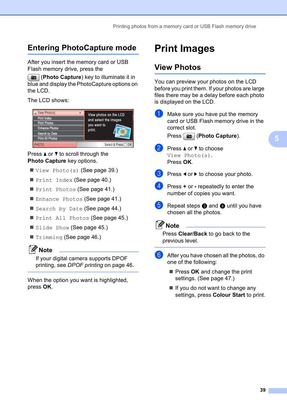 Entering photocapture mode, Print images, View photos | 5entering photocapture mode | Brother DCP-395CN User Manual | Page 47 / 130