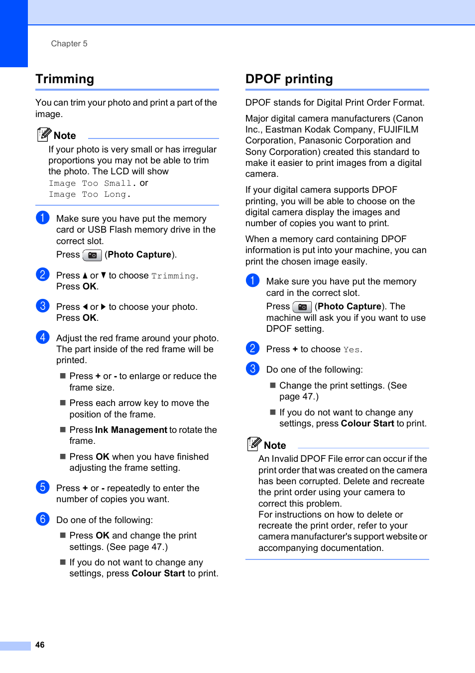 Trimming, Dpof printing, Trimming dpof printing | Brother DCP-395CN User Manual | Page 54 / 130