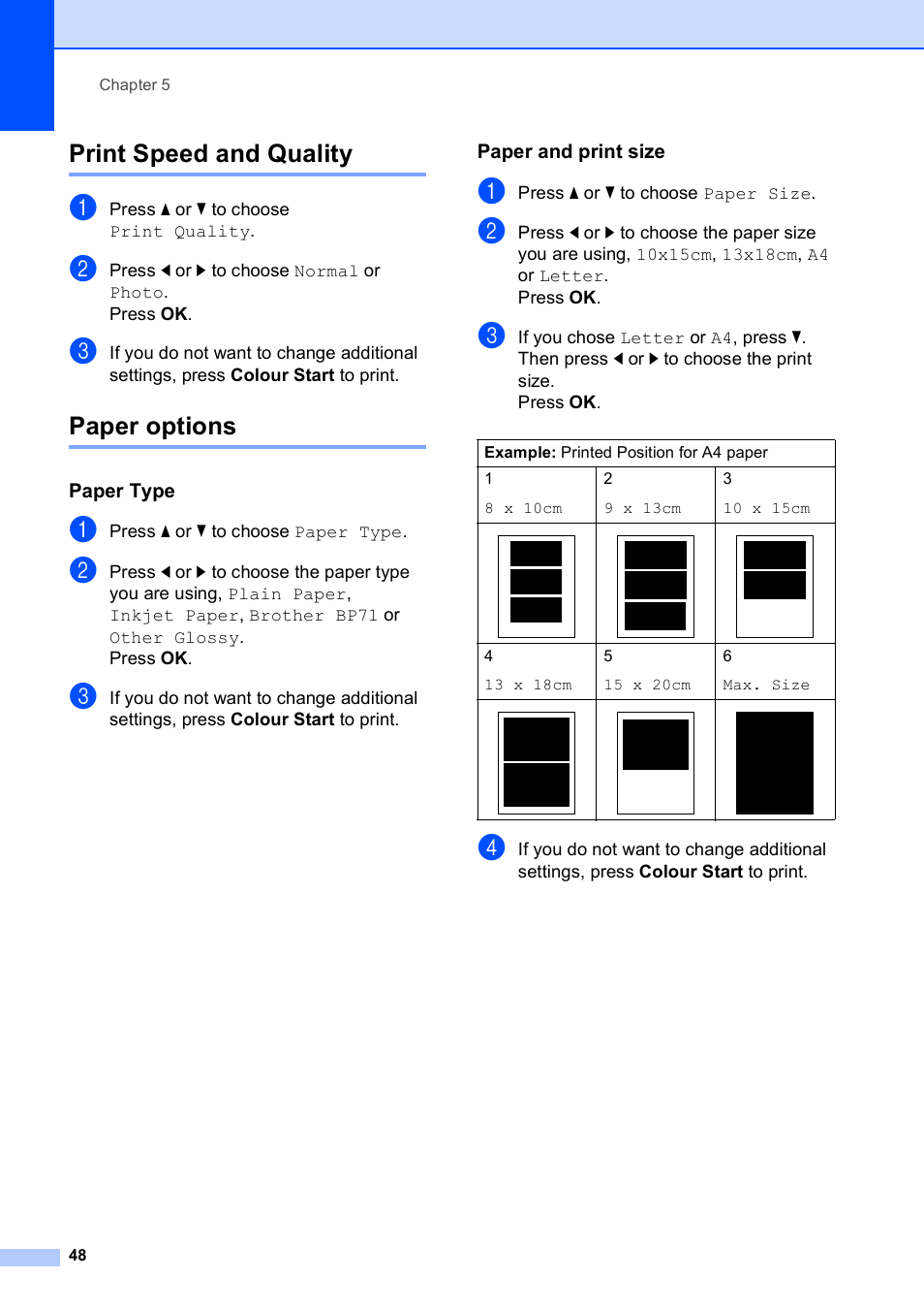 Print speed and quality, Paper options, Paper type | Paper and print size, Print speed and quality paper options | Brother DCP-395CN User Manual | Page 56 / 130