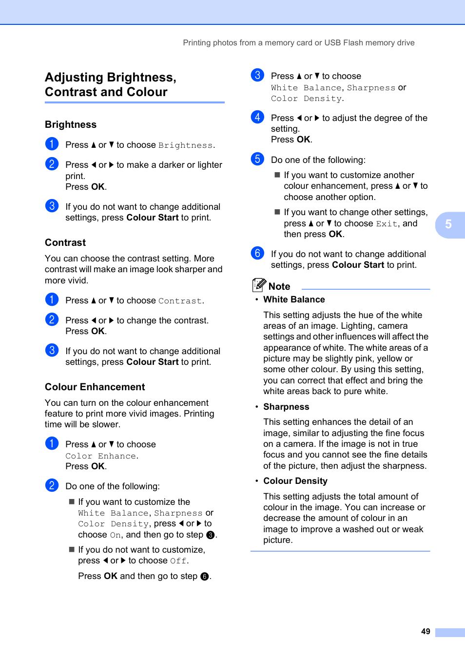 Adjusting brightness, contrast and colour, Brightness, Contrast | Colour enhancement, 5adjusting brightness, contrast and colour | Brother DCP-395CN User Manual | Page 57 / 130