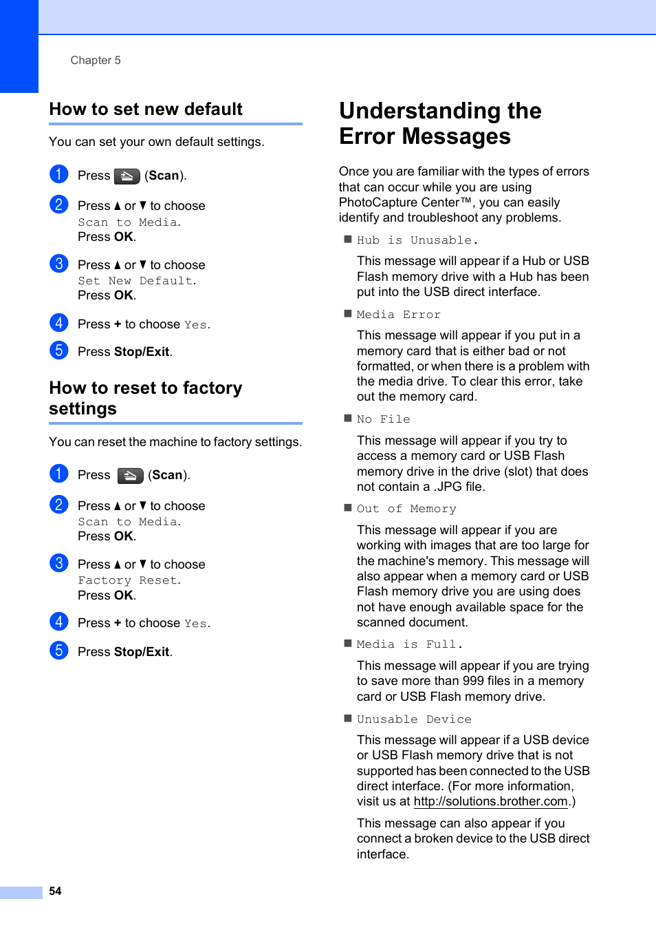 How to set new default, How to reset to factory settings, Understanding the error messages | Brother DCP-395CN User Manual | Page 62 / 130