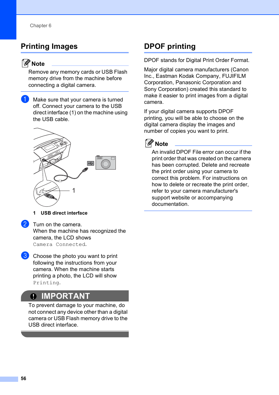 Printing images, Dpof printing, Printing images dpof printing | Important | Brother DCP-395CN User Manual | Page 64 / 130