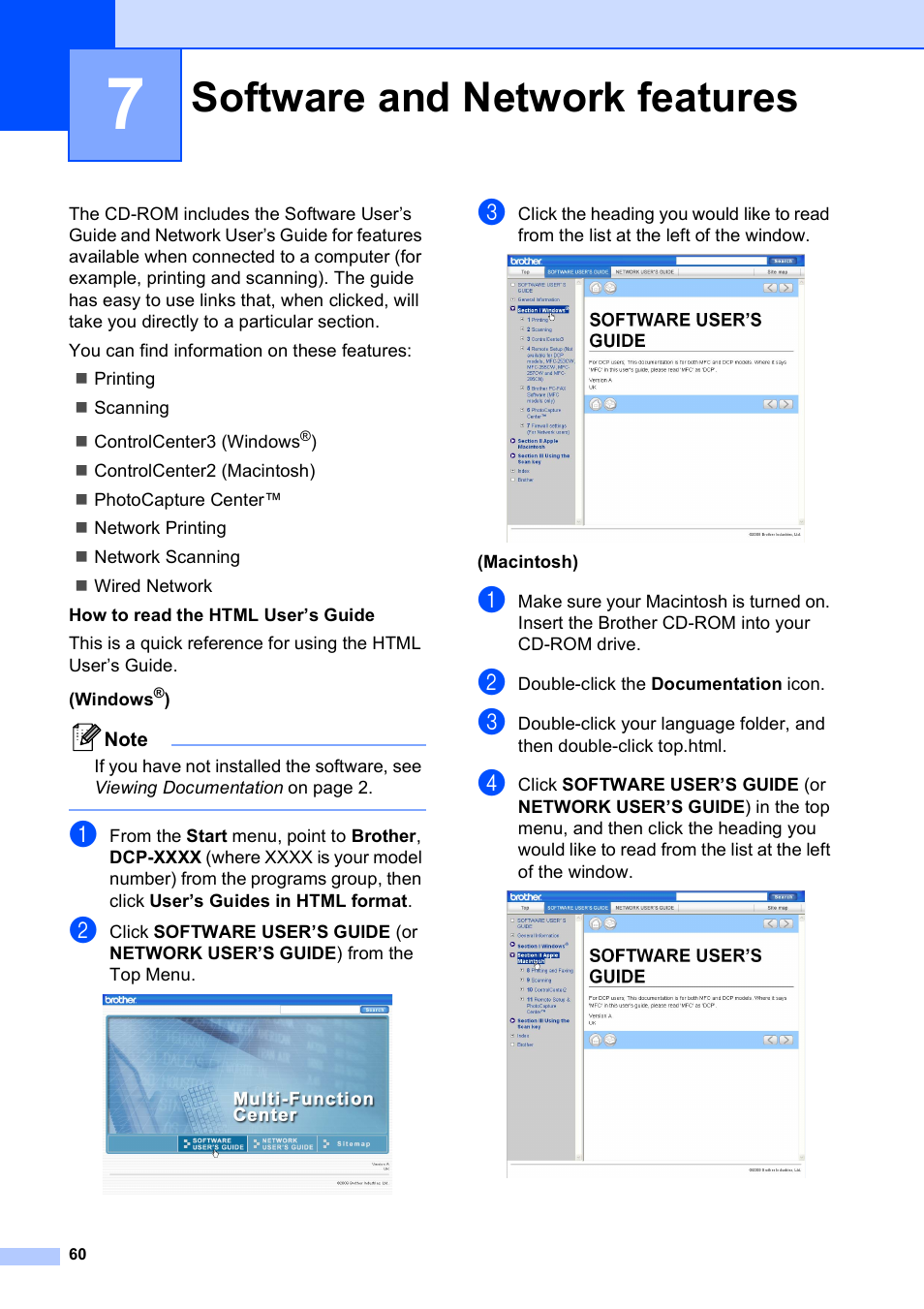 7 software and network features, Software and network features | Brother DCP-395CN User Manual | Page 68 / 130