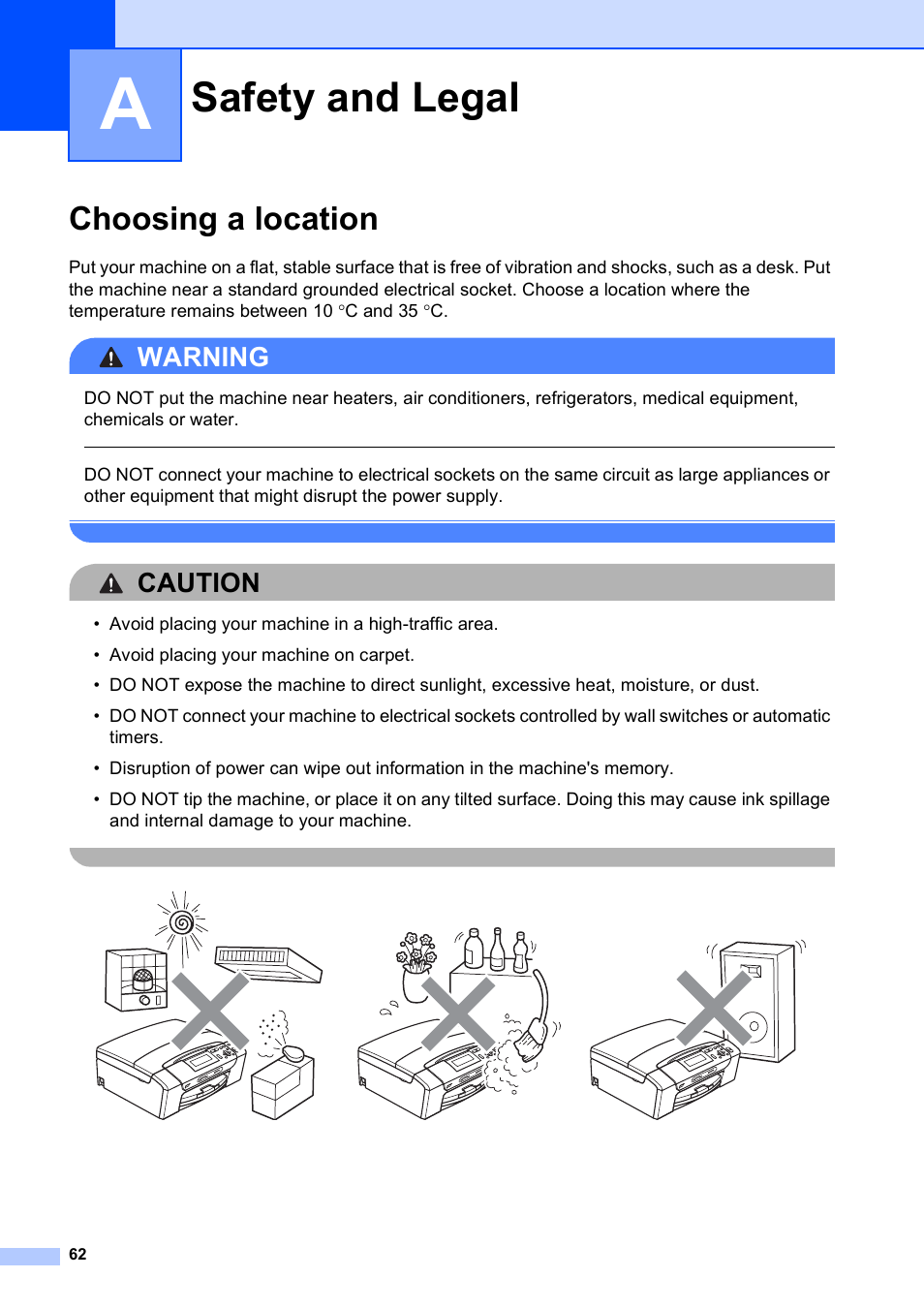 A safety and legal, Choosing a location, Safety and legal | Warning, Caution | Brother DCP-395CN User Manual | Page 70 / 130