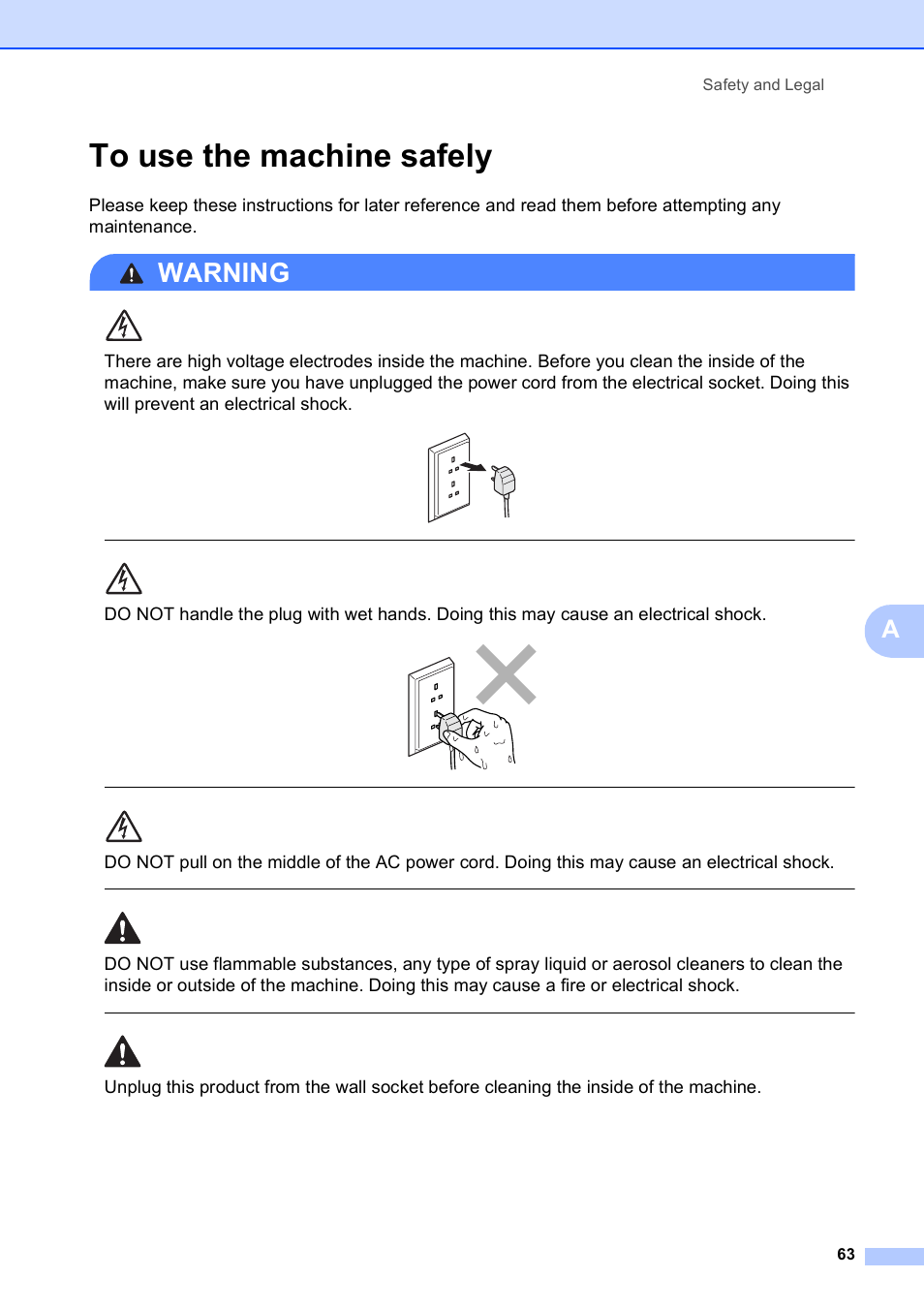 To use the machine safely, Warning, Safety and legal 63 | Brother DCP-395CN User Manual | Page 71 / 130