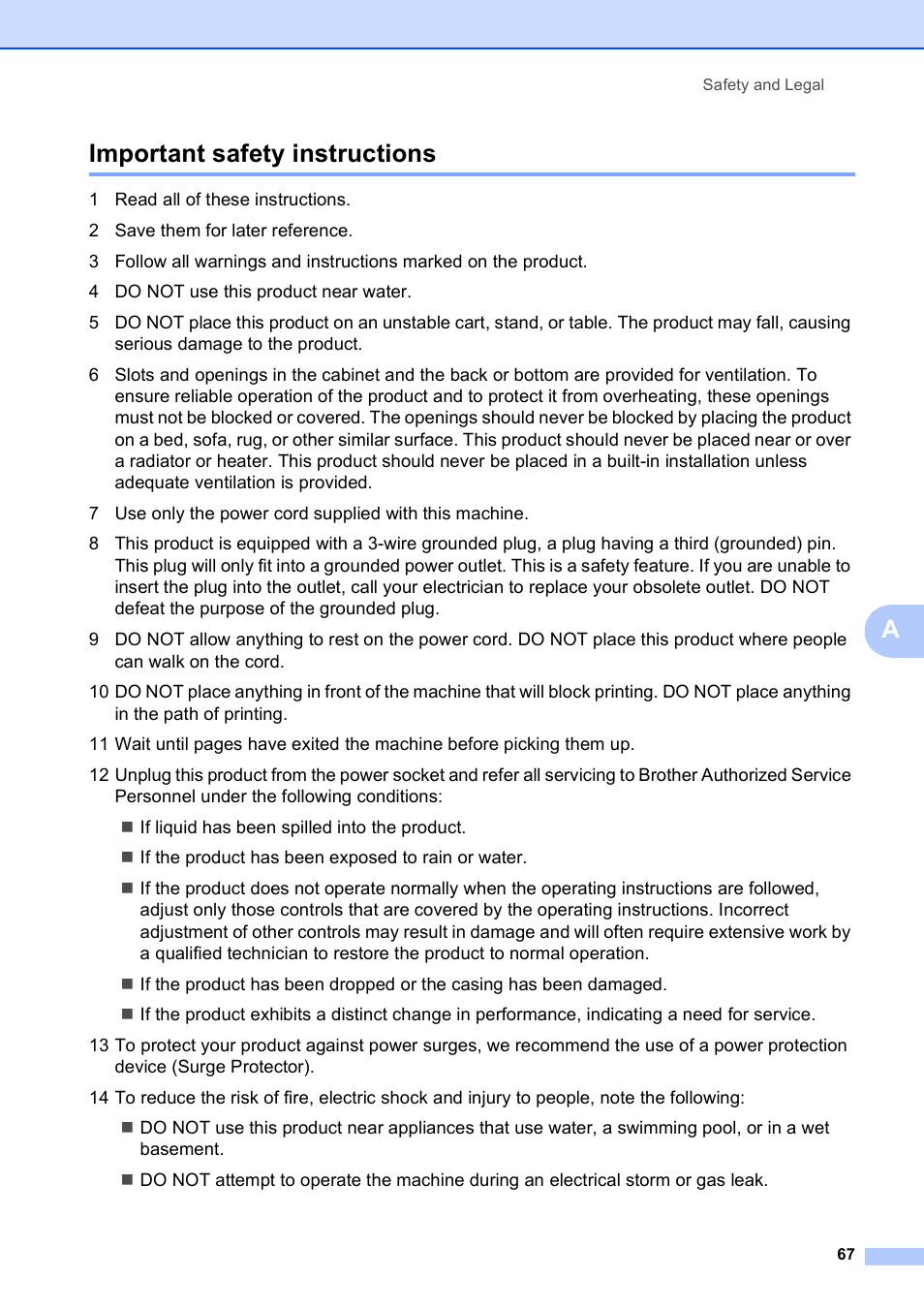 Important safety instructions, Aimportant safety instructions | Brother DCP-395CN User Manual | Page 75 / 130