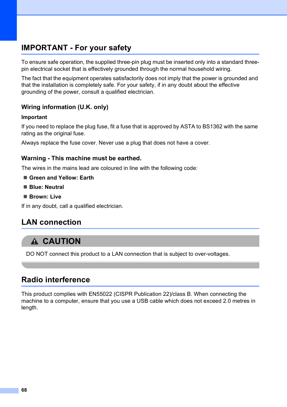 Important - for your safety, Lan connection, Radio interference | Caution, Wiring information (u.k. only), Warning - this machine must be earthed | Brother DCP-395CN User Manual | Page 76 / 130