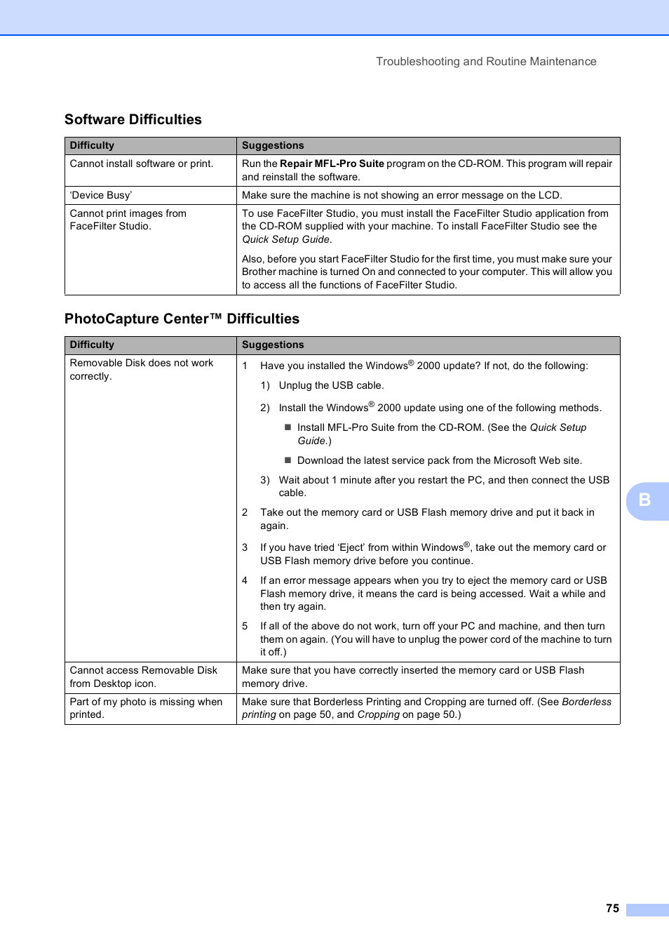 Software difficulties, Photocapture center™ difficulties | Brother DCP-395CN User Manual | Page 83 / 130