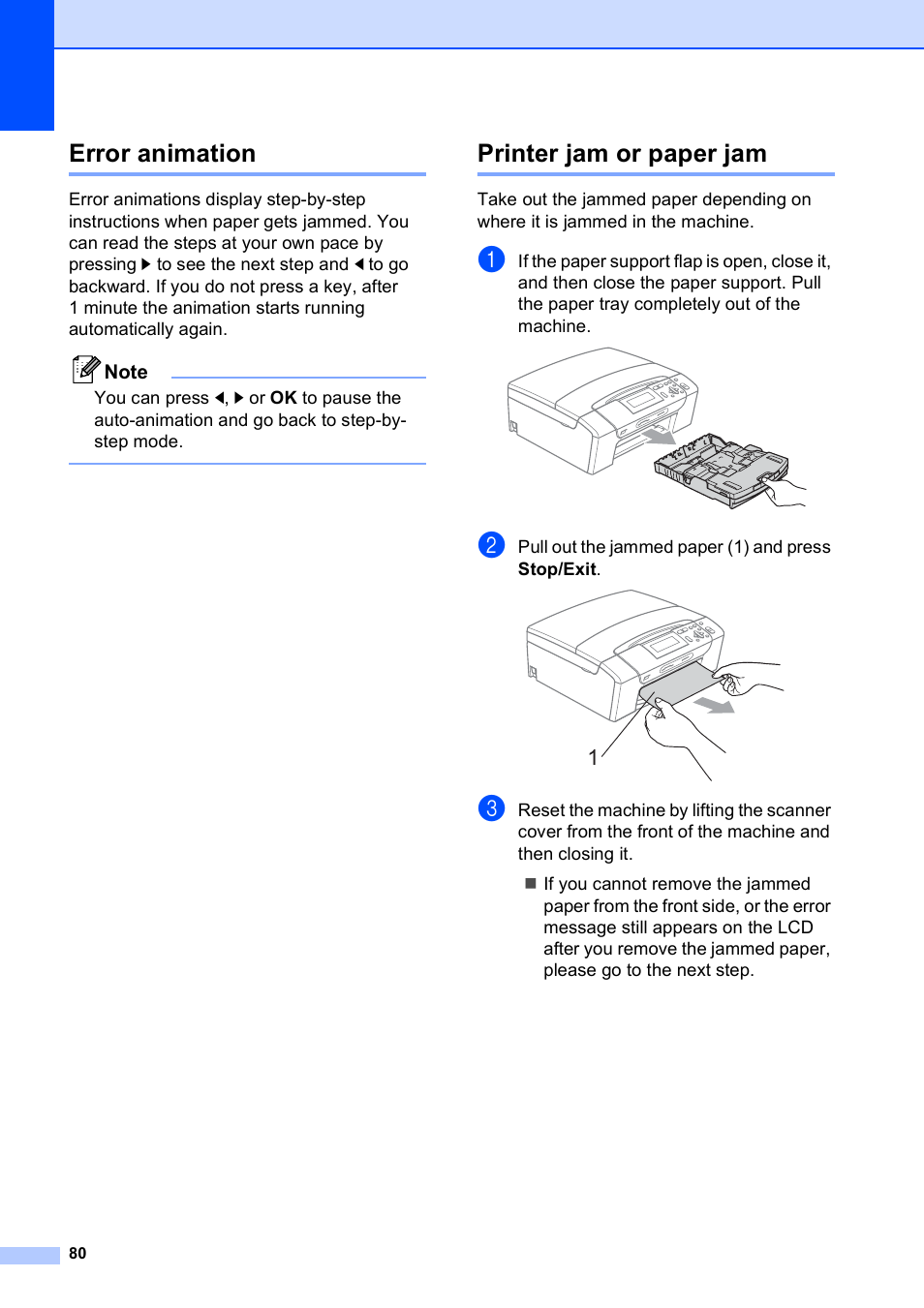 Error animation, Printer jam or paper jam, Error animation printer jam or paper jam | Brother DCP-395CN User Manual | Page 88 / 130