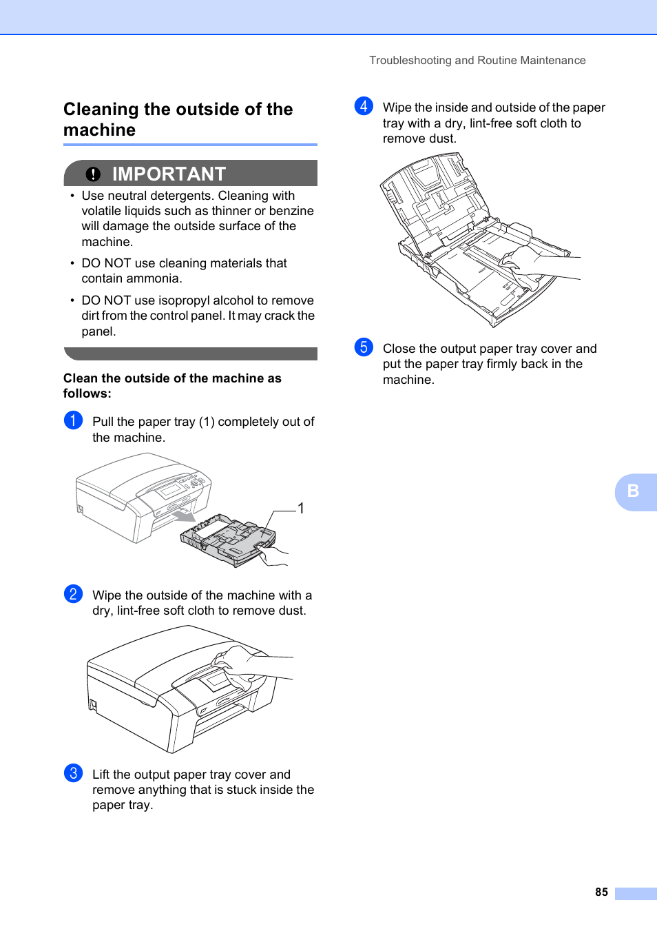 Cleaning the outside of the machine, Important, Bcleaning the outside of the machine | Brother DCP-395CN User Manual | Page 93 / 130