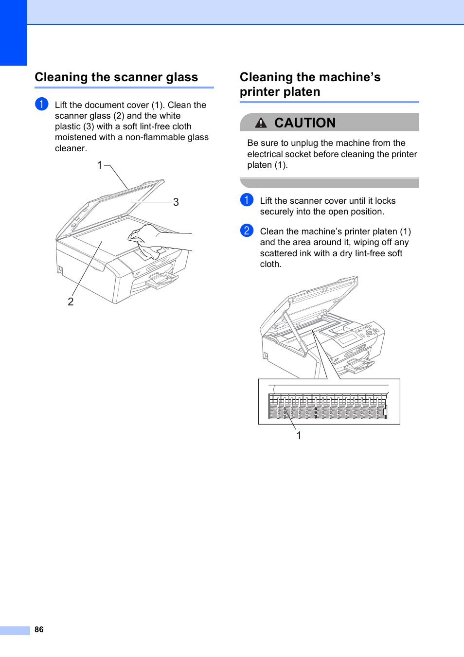 Cleaning the scanner glass, Cleaning the machine’s printer platen, Caution | Brother DCP-395CN User Manual | Page 94 / 130