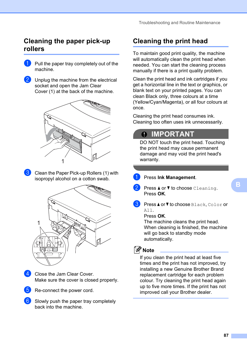 Cleaning the paper pick-up rollers, Cleaning the print head, Important | Bcleaning the paper pick-up rollers | Brother DCP-395CN User Manual | Page 95 / 130