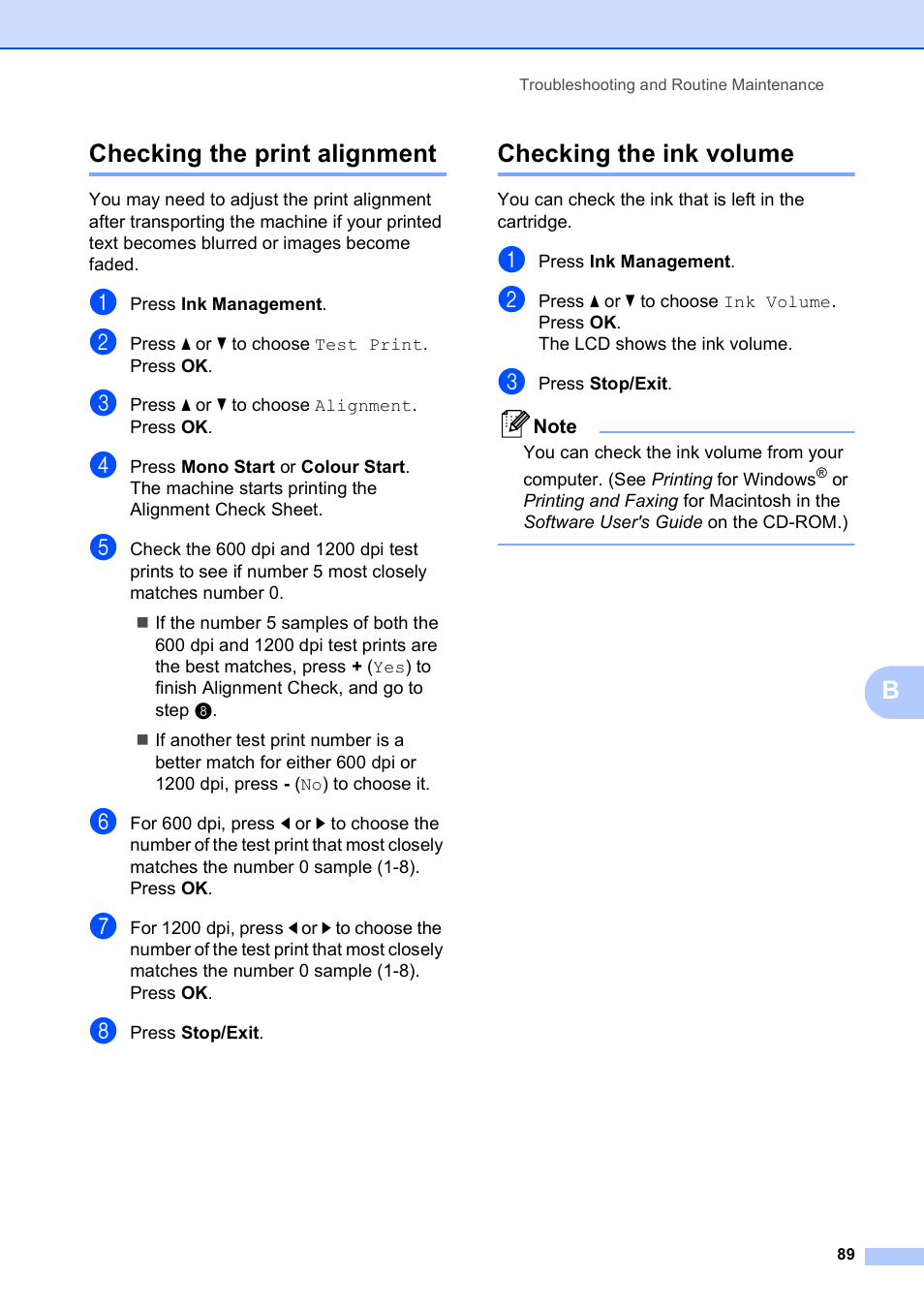 Checking the print alignment, Checking the ink volume, Bchecking the print alignment | Brother DCP-395CN User Manual | Page 97 / 130