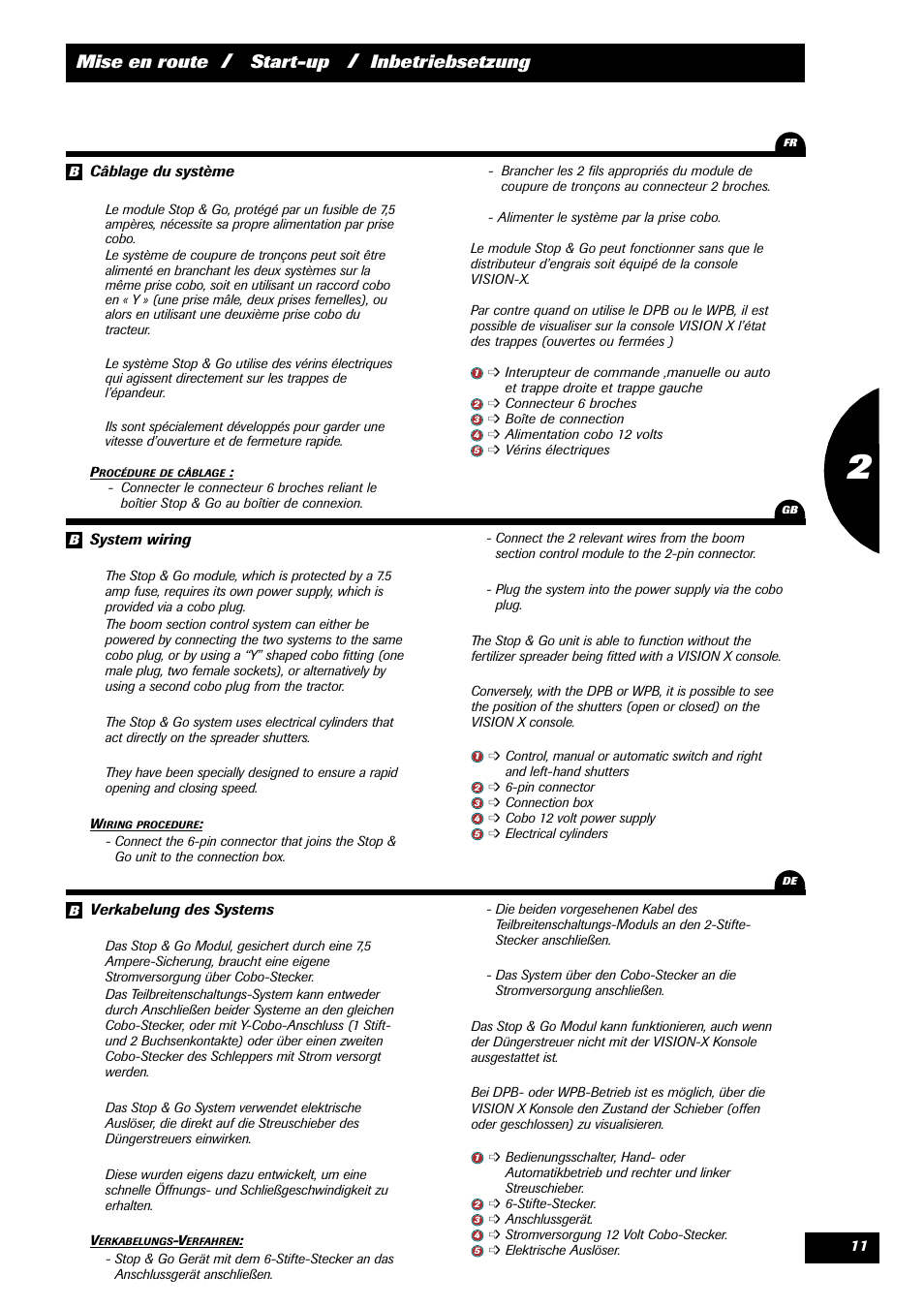 Mise en route, Start-up, Inbetriebsetzung | Sulky STOP & GO User Manual | Page 11 / 29