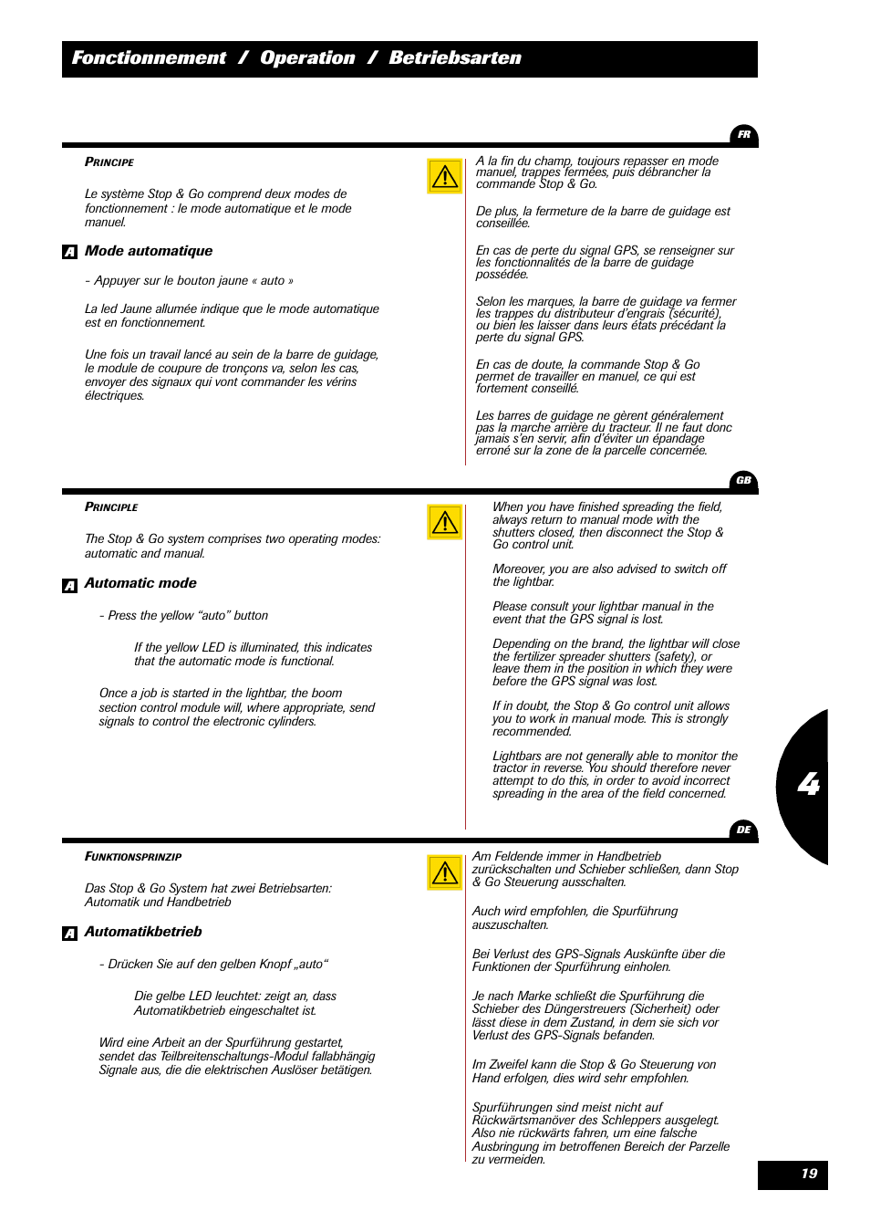 Fonctionnement / operation / betriebsarten | Sulky STOP & GO User Manual | Page 19 / 29
