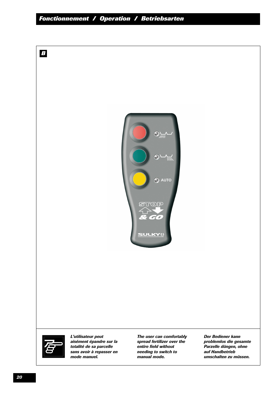 Fonctionnement / operation / betriebsarten | Sulky STOP & GO User Manual | Page 20 / 29