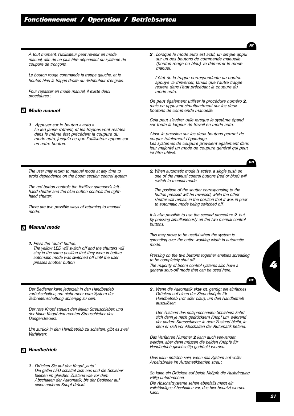 Fonctionnement / operation / betriebsarten | Sulky STOP & GO User Manual | Page 21 / 29