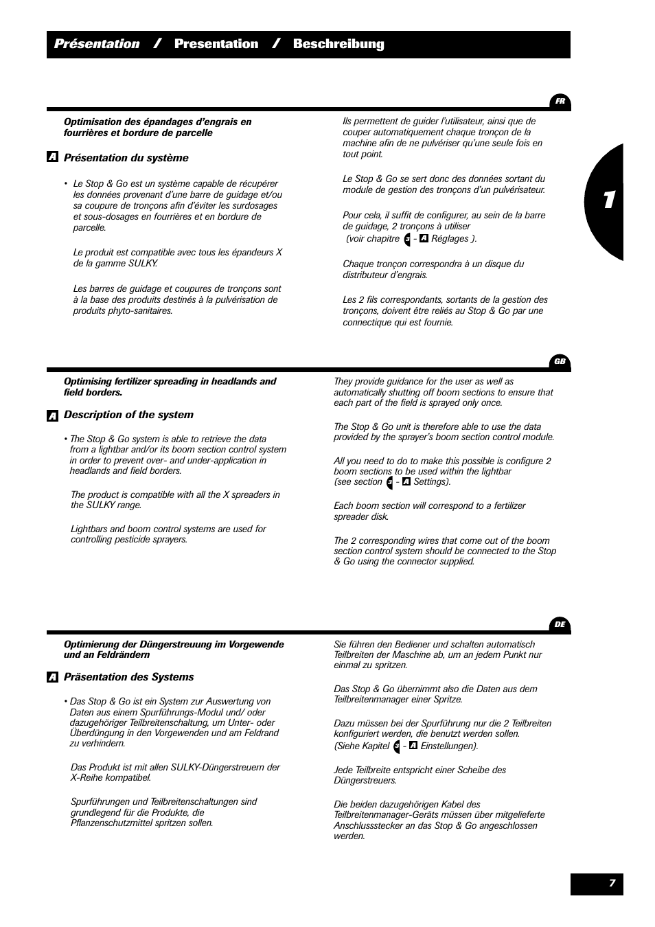Présentation, Presentation, Beschreibung | Sulky STOP & GO User Manual | Page 7 / 29