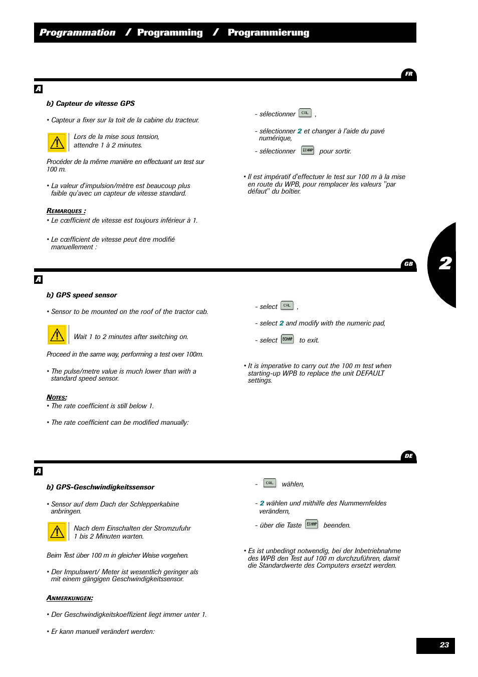 Programmation, Programming, Programmierung 1 | Sulky VISION 2 WPB User Manual | Page 23 / 81