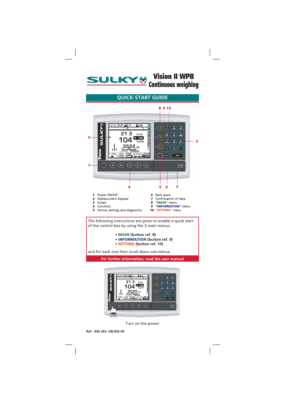 Sulky VISION 2 WPB Quick set-up User Manual | 6 pages